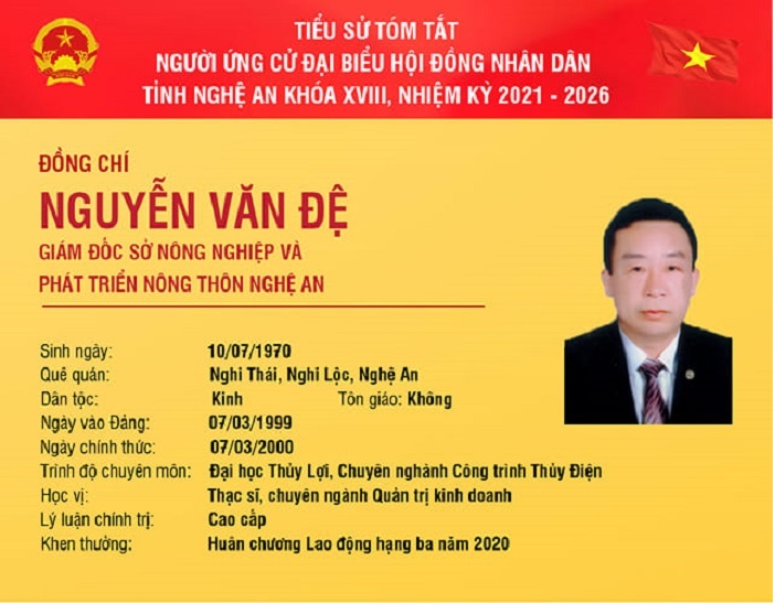 Tiểu sử tóm tắt người ứng cử đại biểu HĐND tỉnh Nghệ An khóa XVIII, nhiệm kỳ 2021 - 2026 - Nguyễn Văn Đệ 